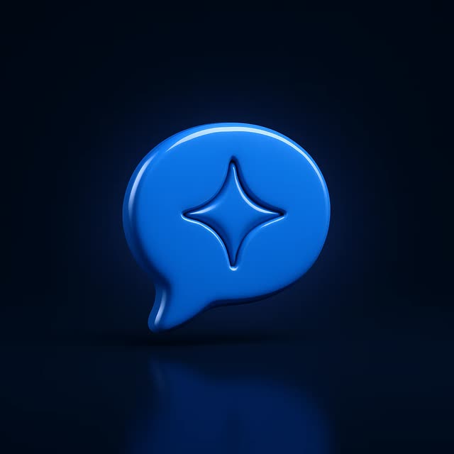 Blue 3D chat bubble icon with a glowing four-point star sparkle inside