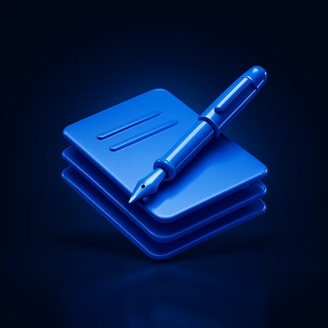 Blue 3D icon of stacked documents with a fountain pen on top
