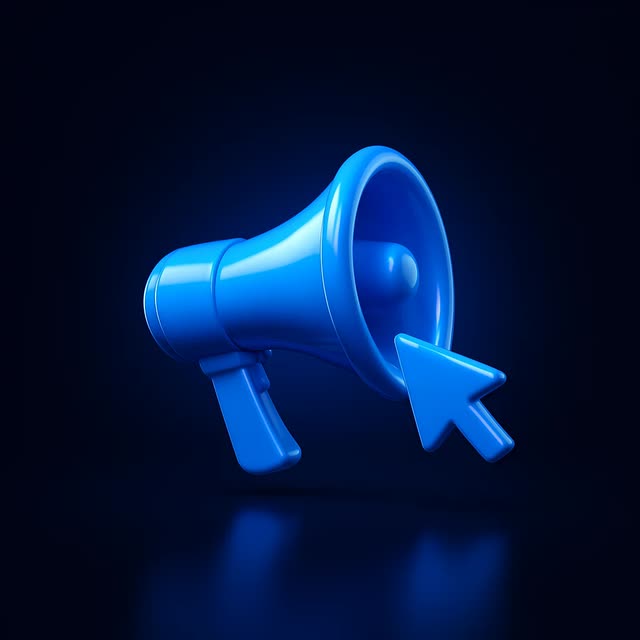 Blue 3D megaphone icon with cursor arrow pointer on dark background