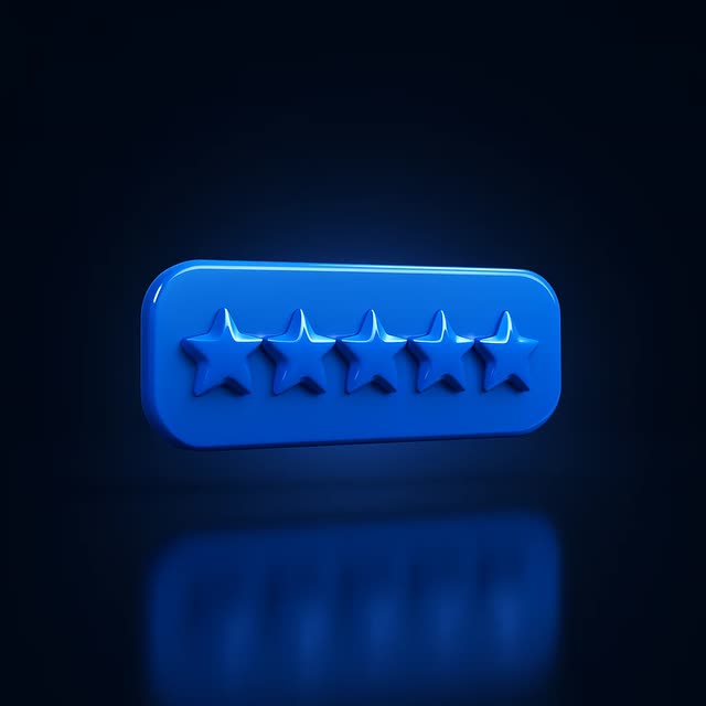 Glossy blue five-star rating icon on a dark reflective background
